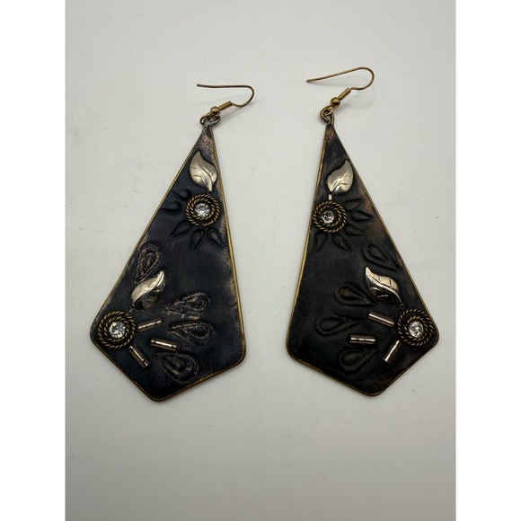 Jewelry - Vintage Artisan Mixed Metal Geometric Kite Drop Earrings Leaf Statement